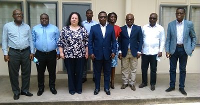 Madam Shlomit Sufa (third left) with Mr Martin Adu Owusu and NTC management