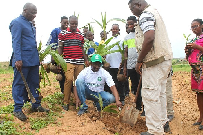 Apostle Frimpong planting a coconut seedling. With him are Apostle Benjamin Ahinful (left) and other leaders of the Church