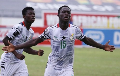 Starlets’ Pius Adua (right) being joined to celebrate a goal against Togo in their 3-0 win at the WAFU-17 Nations Cup tournament