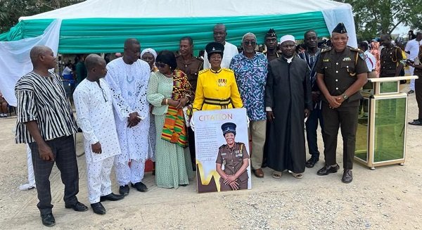 • Senior Chief Officer (retd) Hajiah Mahama (middle) flanked by former D-Gs, Mr Asiedu (on her left) and Madam Matilda Awuah (on her right). Third from left is her husband ,ASP Bakibaga
