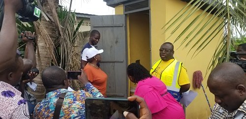 • Ms. Cecilia Abena Dapaah (in cap), Minister, Sanitation and Water Resources, inspecting one of the facilities