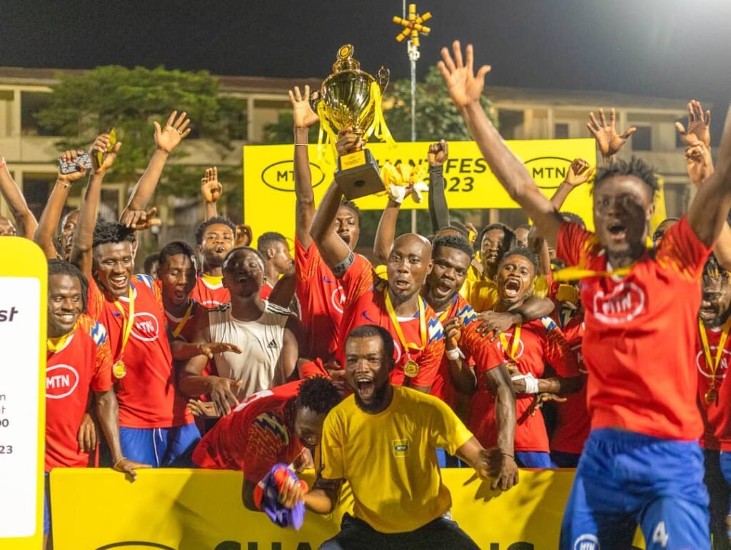 Ejisu players celebrate with lifting the trophy