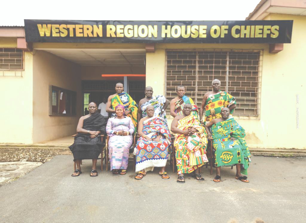 • Mrs Asomah-Hinneh (seated second left)
with some paramount chiefs of the region
• Nana Akwanzi Abraba IV