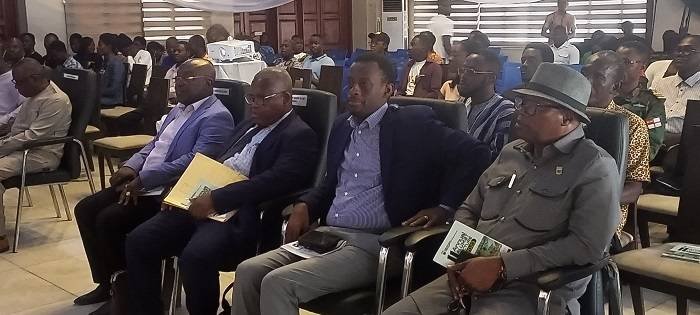 • Mr Ayisi with Dr Kwesi Enyan, also an ALUMaT and Director and Mr Kwabena Okyere Darko-Mensah (second right) at the workshop