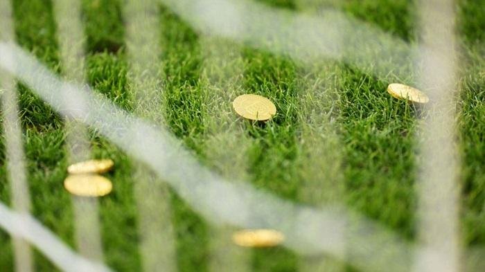 Chocolate coins thrown by fans at the Bundesliga match between Heidenheim and Wolfsburg