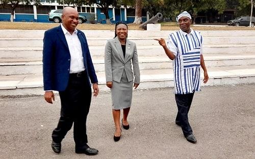 • Dr Brooks (right) interacting with Rector, DMI, Dr Tumaini S. Gurumo (middle) and a colleague during their recent visit to Ghana