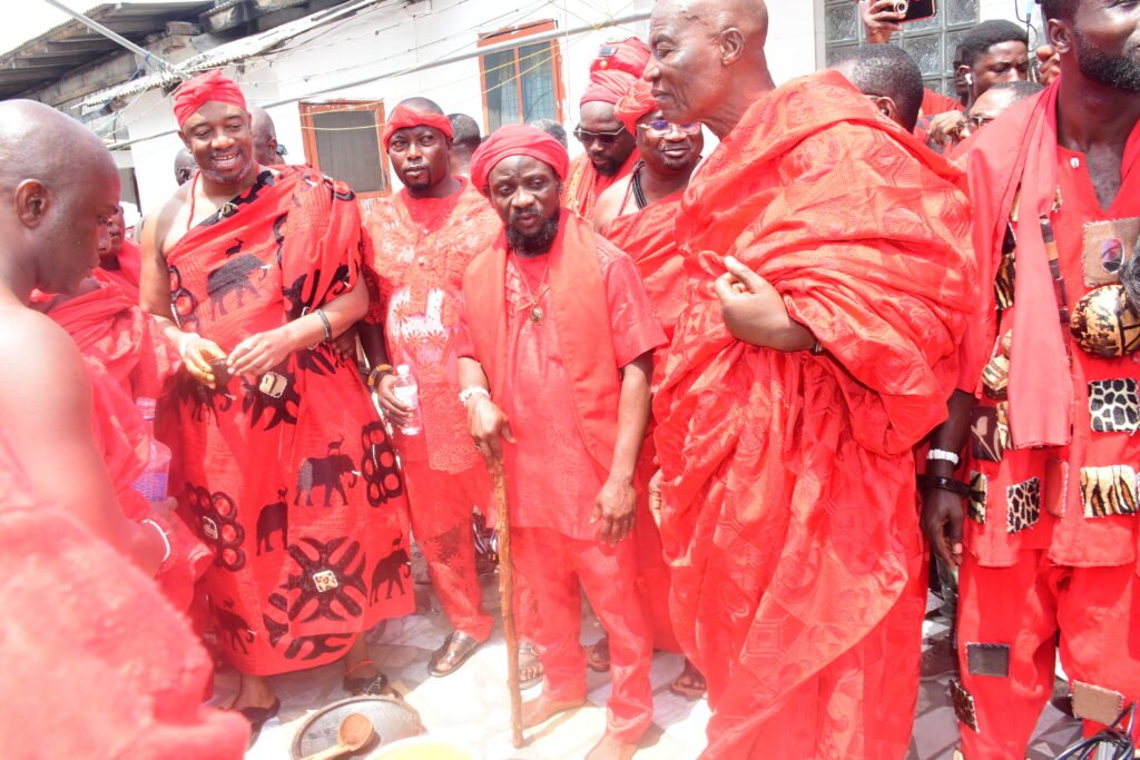 King Tackie Teiko Tsuru pouring libation to the ansestral gods for a peaceful Homowo.
