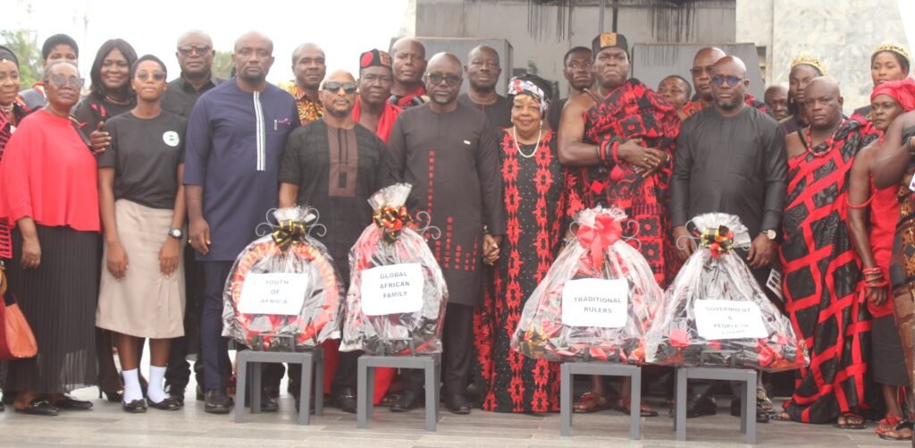 Mr Andrew Egyapa Mercer(second from right),Odeneho Kwafo Akoto III, and Mr Akwasi Agyeman (middle) with some guests after the wreath-laying ceremony.Photo.Ebo Gorman