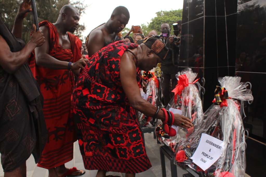 Mr Andrew Egyapa Mercer(second from right),Odeneho Kwafo Akoto III, and Mr Akwasi Agyeman (middle) with some guests after the wreath-laying ceremony.Photo.Ebo Gorman