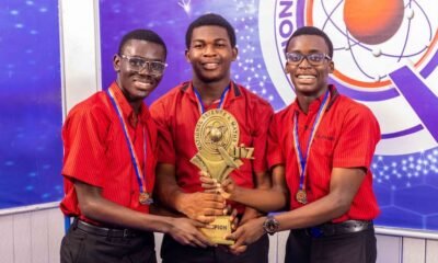 •The Mfantsipim winning trio with the 2024 NSMQ trophy