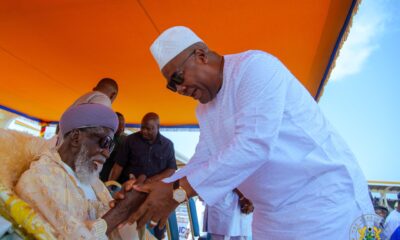 President Mahama exchanging greetings with Sheikh Osman Nuhu Sharubutu (seated) at the Independence Square