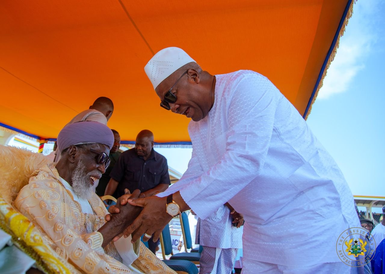 President Mahama exchanging greetings with Sheikh Osman Nuhu Sharubutu (seated) at the Independence Square