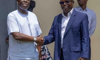 • Dr Ochan in a handsahke with Mr Adu Owusu after the meeting