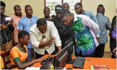 • Mr Sam George and other members of his entourage inspecting the work of one of the trainees