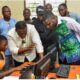 • Mr Sam George and other members of his entourage inspecting the work of one of the trainees