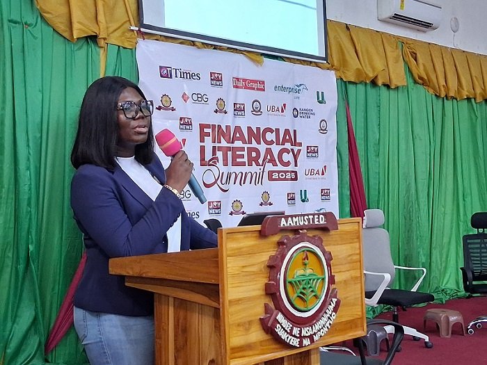 • Mrs Acheampong Otoo (inset) addressing students