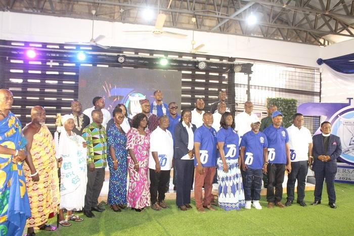 • Madam Barbara Juliet Takyiwaa Thompson (fifth from right), Headmistress, Wesley Grammar SHS with the invited guests after the launch
