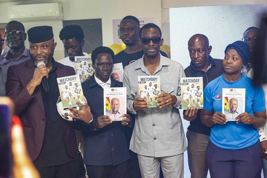 Mr Yaw Ampofo (left), launching the booklet, with him are Dr Blessing Ackah, Mr Darko-Mensah, and other dignitaries.