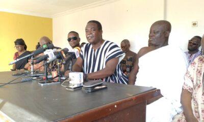 • Ohenenana Opoku (2nd right) and Okuapehene Akrahene Nana Kwame Kissiedu 11 with the chiefs and elders of Akropong addressing the press