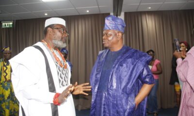 • Dr Oyekola (left) with Mr Adeoye inspecting some of the Art exhibition mounted