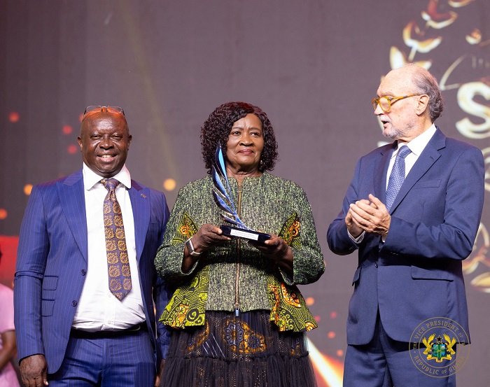 Prof. Naana Jane Opoku-Agyemang together with SWAG President Kwabena Yeboah and AIPS President Gianni Merlo,
