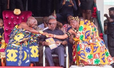 Otumfuo Osei Tutu II (left) exchanging pleasantries with Oboade Notse King Professor Odaifio Welentsi III, President of the Greater Accra Regional House of Chiefs