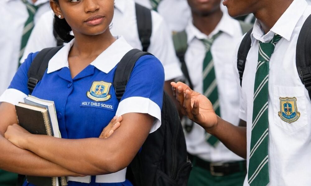 A female student walking away from some male students
