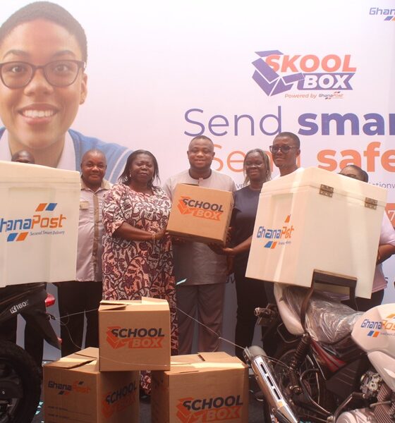 Mrs Rita Sraha (fourth from left) together with Ghana Post regional MDs launching the SKOOLBOX initiative