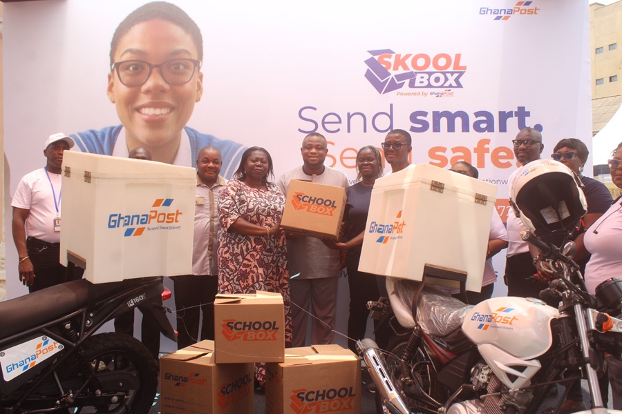 Mrs Rita Sraha (fourth from left) together with Ghana Post regional MDs launching the SKOOLBOX initiative